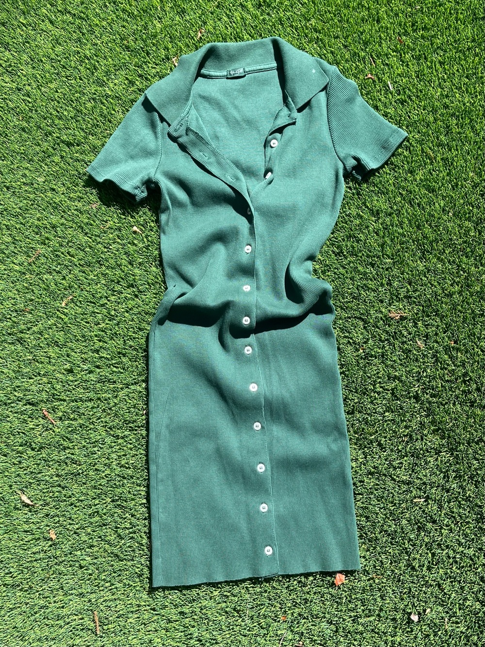 Brandy Melville Forest Green Ribbed Button-Front Midi Dress